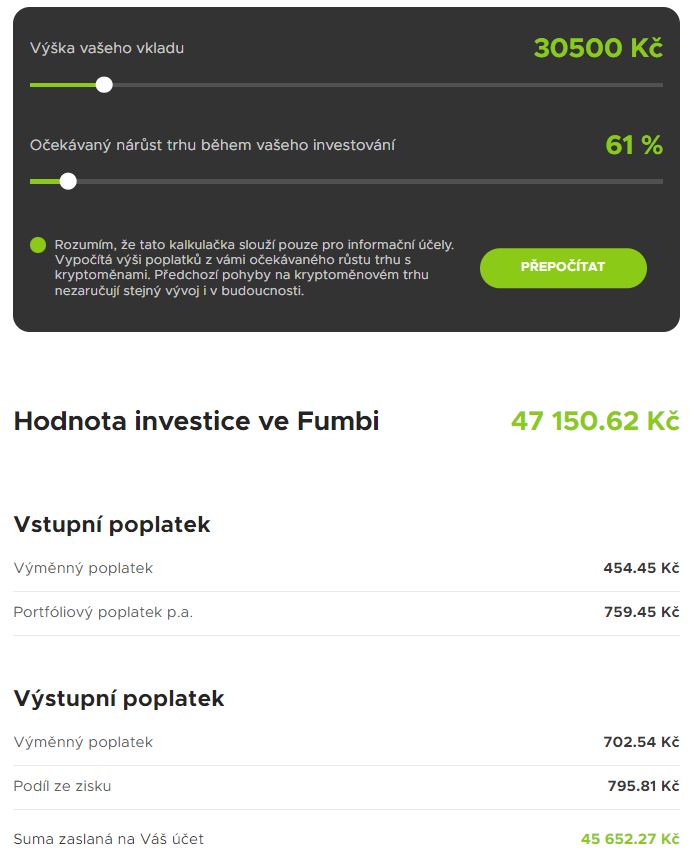 Kalkulačka poplatků za investování na Fumbi. Zdroj: fumbi.network